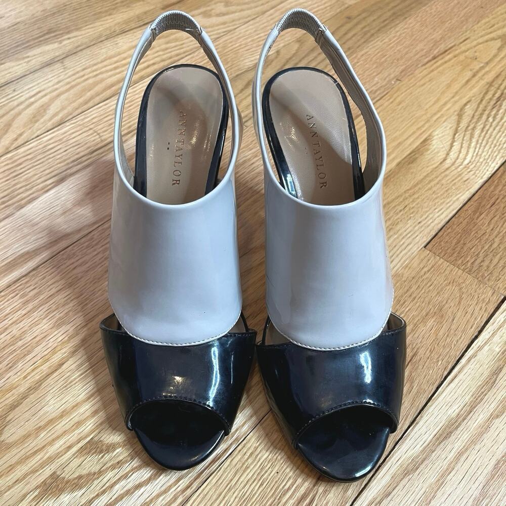 Ann Taylor spats style open toed heels taupe black patent 6
